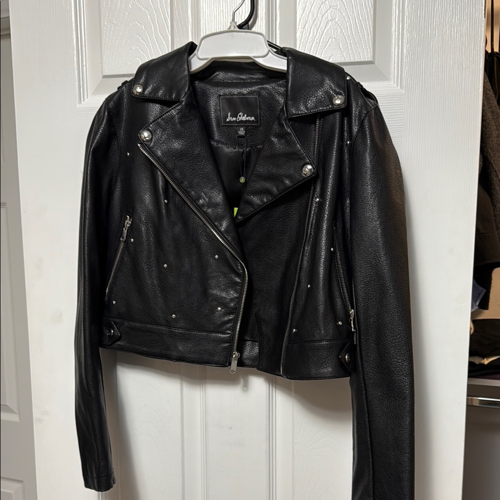 Sam Edelman Black Leather Biker Jacket with Glossy Finish